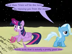 Size: 1200x900 | Tagged: safe, artist:evil-dec0y, derpibooru import, trixie, twilight sparkle, twilight sparkle (alicorn), alicorn, pony, comic:trixie vs., comic:trixie vs. the moon, comic