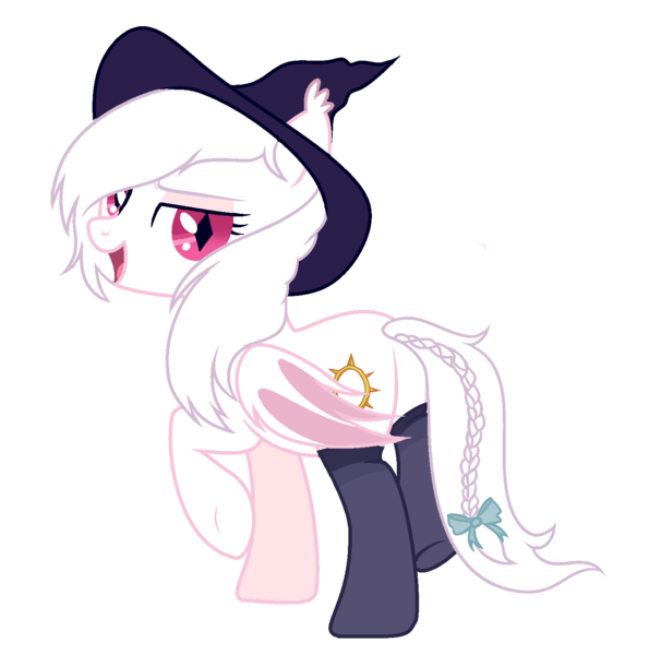 Size: 1461x1446 | Tagged: safe, artist:unichan, derpibooru import, oc, oc:shikaka, unofficial characters only, bat pony, pony, vampire bat pony, albino, bat pony oc, bat wings, bow, braided tail, clothes, commission, ear fluff, hat, simple background, socks, solo, tail bow, transparent background, wings, witch hat, ych result