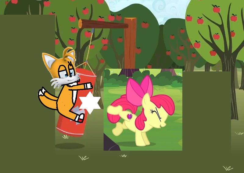 Size: 1013x720 | Tagged: safe, derpibooru import, edit, edited screencap, screencap, apple bloom, fox, pony, apple, apple tree, applebetes, bedroom eyes, bloomails, bucking, cropped, crossover, cute, determined, duo, female, filly, grin, male, miles "tails" prower, punching bag, smiling, sonic the hedgehog (series), tailsabetes, this will end in pain, tree