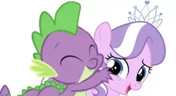 Size: 652x354 | Tagged: safe, derpibooru import, edit, editor:undeadponysoldier, diamond tiara, spike, dragon, earth pony, pony, adorable face, crack shipping, cute, cute smile, daaaaaaaaaaaw, diamondbetes, eyes closed, female, filly, foal, happy, hug, hug from behind, jewelry, male, open mouth, shipping, simple background, smiling, spiketiara, straight, tiara, white background