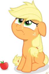 Size: 1500x2257 | Tagged: safe, artist:arifproject, derpibooru import, applejack, earth pony, pony, going to seed, apple, cute, female, filly, filly applejack, food, frown, hatless, inkscape, jackabetes, looking up, missing accessory, sad, sadorable, simple background, sitting, solo, transparent background, vector, younger