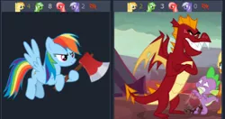 Size: 458x241 | Tagged: safe, derpibooru import, edit, edited screencap, screencap, garble, rainbow dash, smolder, spike, oc, oc:comment, oc:downvote, oc:favourite, oc:upvote, ponified, dragon, pegasus, pony, derpibooru, sweet and smoky, angry, axe, bully, derpibooru ponified, implied murder, juxtaposition, juxtaposition win, meme, meta, scared, weapon, winged spike