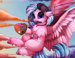 Size: 3300x2550 | Tagged: artist, artist:pridark, chest fluff, classical hippogriff, cloud, cute, derpibooru import, diastreamies, female, floppy ears, flying, hat, high res, hippogriff, leg fluff, looking at you, mouth hold, paintbrush, palette, patreon, patreon logo, safe, silverstream, solo, spread wings, wings