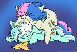 Size: 1200x800 | Tagged: safe, artist:kaemantis, deleted from derpibooru, derpibooru import, bon bon, lyra heartstrings, sweetie drops, earth pony, pony, unicorn, adorabon, cuddling, cute, eyes closed, female, floppy ears, lesbian, lyrabetes, lyrabon, mare, pony pile, shipping, sleeping, smiling