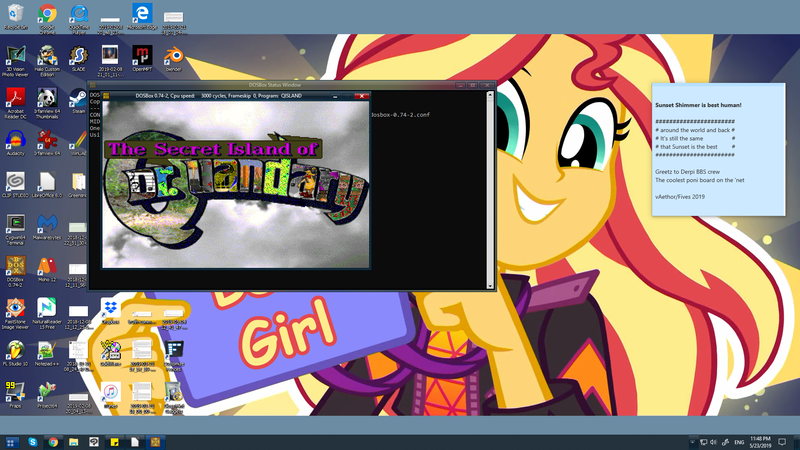 Size: 1920x1080 | Tagged: safe, derpibooru import, screencap, sunset shimmer, equestria girls, best human, desktop, game, greetings, microsoft, ms-dos, windows, windows 10