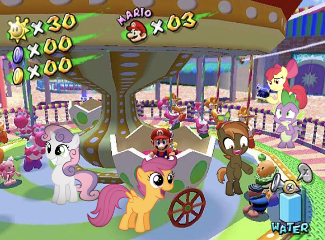 Size: 666x493 | Tagged: apple bloom, bow, button mash, caracal, coin, colt, confused, crossover, derpibooru import, dragon, edit, edited screencap, editor:undeadponysoldier, electric koopa, female, filly, f.l.u.d.d., gate, happy, hud, human, male, mario, noki, pinna park, pointing, safe, scared, scootaloo, screencap, shine sprite, spike, super mario sunshine, sweetie belle, video game, yoshi, yoshi caracel, yoshi egg