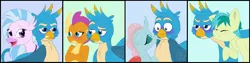 Size: 2719x680 | Tagged: safe, artist:thedefinitionofsad, derpibooru import, gallus, ocellus, sandbar, silverstream, smolder, changedling, changeling, classical hippogriff, dragon, earth pony, gryphon, hippogriff, pony, bisexual, blushing, chest fluff, dragoness, eyes closed, female, floppy ears, gallbar, gallstream, gallus gets all the creatures, gallus gets all the mares, gallus gets all the stallions, gay, imminent kissing, luslus, male, open mouth, raised eyebrow, raised hoof, shipping, smiling, smoldere, smollus, straight, teenager, tsundere, unamused, varying levels of want, wavy mouth