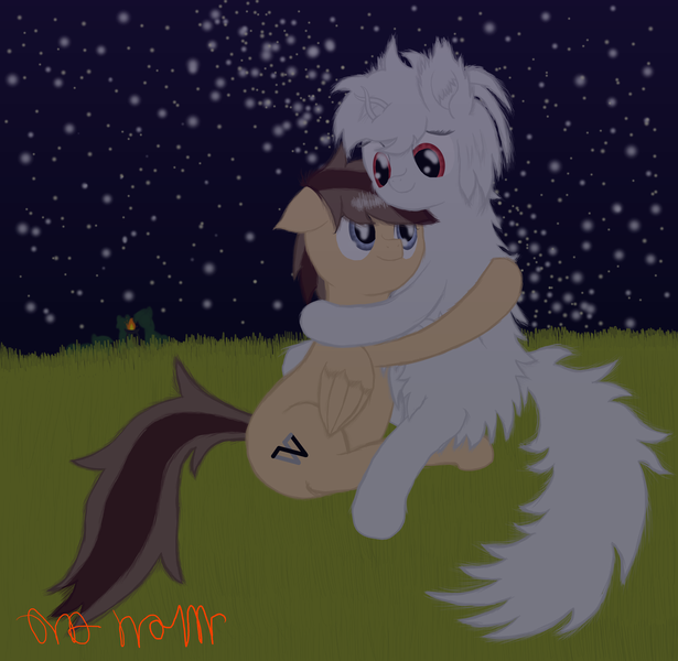 Size: 4000x3900 | Tagged: safe, artist:onil innarin, derpibooru import, oc, oc:asla praki, unofficial characters only, original species, pony, albino, duo, female, fluffy, grass, grass field, hug, looking at each other, male, mare, night, red eyes, scenery, signature, snuggling, stallion, stars, white mane