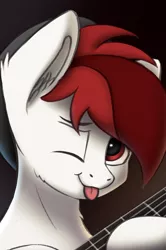 Size: 2160x3250 | Tagged: safe, artist:syntaxartz, derpibooru import, oc, oc:allen, pegasus, pony, beanie, bust, guitar, hat, musical instrument, one eye closed, portrait, solo, tongue out, wink