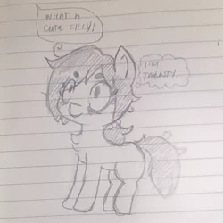 Size: 1315x1316 | Tagged: safe, artist:shpace, derpibooru import, oc, oc:floor bored, earth pony, pony, bags under eyes, chest fluff, lined paper, ponytail, speech bubble, thought bubble, traditional art