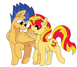 Size: 800x693 | Tagged: safe, artist:flamirasplitz, derpibooru import, flash sentry, sunset shimmer, pegasus, pony, unicorn, cute, diasentres, eyes closed, female, flashimmer, male, mare, open mouth, profile, shimmerbetes, shipping, simple background, stallion, straight, transparent background, two toned wings, wings