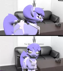 Size: 2560x2880 | Tagged: safe, derpibooru import, oc, oc:bloo, pony, 2 panel comic, 3d, angry, bow, camera, casting couch, clothes, comic, couch, headband, meme, pac3, panties, photoshop, reaction image, scarf, solo, tail bow, underwear