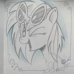 Size: 2048x2048 | Tagged: safe, artist:andypriceart, derpibooru import, vinyl scratch, pony, unicorn, female, glasses, mare, one eye closed, solo, traditional art, wink