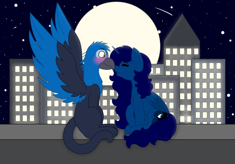 Size: 5549x3872 | Tagged: safe, artist:midnightamber, derpibooru import, oc, oc:gerald, oc:midnight, unofficial characters only, alicorn, gryphon, pony, alicorn oc, blushing, boop, building, female, griffon oc, horn, leg in air, male, mare, moon, night, night sky, noseboop, oc x oc, rooftop, shipping, sky, smiling, spread wings, stars, straight, wings