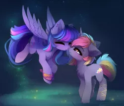 Size: 3888x3335 | Tagged: safe, artist:magnaluna, derpibooru import, oc, oc:musa glow, oc:star climber, unofficial characters only, pegasus, pony, unicorn, boop, chest fluff, commission, ear piercing, earring, female, fluffy, jewelry, lesbian, mare, noseboop, not twilight sparkle, oc x oc, piercing, shipping
