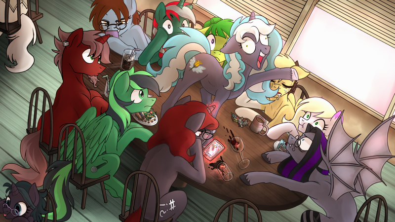 Size: 1920x1080 | Tagged: safe, artist:mamidulugo, derpibooru import, oc, oc:caitbug, oc:cloud 9, oc:curse word, oc:feather paint, oc:goombasa, oc:luna farrowe, oc:magpie, oc:mami dulugo, oc:midori kuroba, oc:pitch, oc:sojourner, unofficial characters only, bat pony, earth pony, pegasus, pony, unicorn, alcohol, bat pony oc, bat wings, bell, bendy straw, braided ponytail, cake, chair, clothes, coffee, coffee mug, collar, drinking straw, drool, ear piercing, earring, egyptian pony, facial hair, fangs, female, food, freckles, glasses, goatee, group, jewelry, male, mare, mobile phone, mug, phone, piercing, salad, socks, soda, spilled drink, spoop fam, stallion, stockings, sugarcube corner, table, thigh highs, two toned mane, window, wine, wings