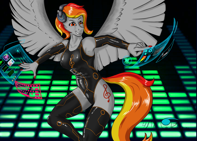 Size: 3965x2832 | Tagged: anthro, armpits, artist:thunderblitz1, artist:thunderblitzsketch, clothes, derpibooru import, female, flying, headphones, holographic screen, leotard, mare, music, oc, oc:tridashie, pegasus, safe, swimsuit, wings