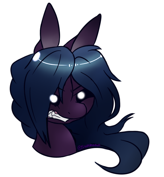 Size: 532x573 | Tagged: safe, artist:sinamuna, derpibooru import, oc, oc:minera, unofficial characters only, pony, angry, art trade, black sclera, blue hair, bust, glowing eyes, gritted teeth, growling, gums, long ears, long hair, purple fur, sharp teeth, simple background, solo, tall ears, teeth, transparent background