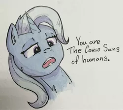 Size: 3061x2729 | Tagged: safe, artist:lightisanasshole, derpibooru import, trixie, human, pony, unicorn, above, blue mane, chest fluff, comic sans, ear fluff, female, insult, looking at you, open mouth, pathetic, purple eyes, sassy, shading, solo, talking to viewer, traditional art, watercolor painting