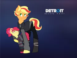 Size: 4664x3528 | Tagged: safe, artist:musicbetmlp, derpibooru import, apple bloom, applejack, earth pony, pony, alice (detroit: become human), alternate hairstyle, ax400, boots, bow, clothes, cosplay, costume, crossover, detroit: become human, duo, ear fluff, female, filly, gradient background, hair bow, kara, mare, ponytail, shoes, short mane, sweater, two toned mane, video game