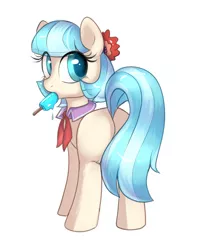 Size: 1108x1334 | Tagged: safe, artist:confetticakez, derpibooru import, coco pommel, earth pony, pony, butt, female, flower, flower in hair, food, looking at you, looking back, looking back at you, mare, plot, popsicle, rear view, simple background, solo, white background