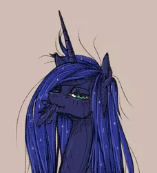 Size: 1327x1452 | Tagged: safe, artist:madhotaru, derpibooru import, princess luna, alicorn, pony, bust, feather, female, implied preening, lidded eyes, looking at you, mare, messy mane, mouth hold, portrait, solo