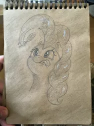 Size: 3024x4032 | Tagged: safe, artist:stink111, derpibooru import, pinkie pie, pony, candy, food, lollipop, mane hold, monochrome, palindrome get, solo, tongue out, traditional art