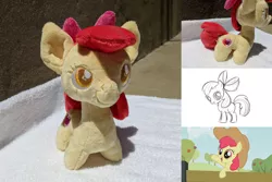 Size: 2382x1587 | Tagged: safe, artist:lauren faust, artist:plushbyanto, derpibooru import, apple bloom, earth pony, pony, the last roundup, accessory, accessory swap, applejack's hat, bow, chibi, colored pupils, concept art, cowboy hat, female, filly, happy, hat, irl, minky, pencil drawing, photo, plushie, ribbon, smiling, solo, toy, traditional art