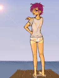 Size: 1000x1333 | Tagged: artist:madhotaru, ass, butt, clothes, derpibooru import, full body, human, humanized, older, scootaloo, solo, standing, suggestive, tan lines, wet clothes