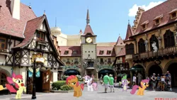 Size: 649x367 | Tagged: safe, derpibooru import, edit, editor:undeadponysoldier, apple bloom, babs seed, boneless, scootaloo, smarty pants, spike, sweetie belle, dragon, earth pony, human, pegasus, pony, unicorn, apple, balcony, biting, bow, building, bush, clock, clock tower, cutie mark crusaders, disney world, doll, dragons in real life, epcot, female, filly, flag, flower, food, framework, freckles, irl, irl human, male, photo, ponies in real life, rose, streetlight, toy, vacation