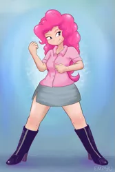 Size: 667x1000 | Tagged: artist:empyu, beautiful, boots, clothes, crossover, cute, derpibooru import, female, full body, high heel boots, human, humanized, miniskirt, pinkie pie, pink ranger, power rangers, power rangers lightspeed rescue, safe, shoes, side slit, skirt, smiling, solo, standing, super sentai, thighs