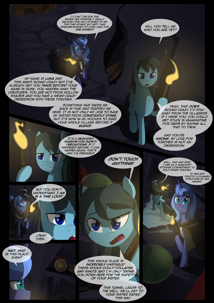 Size: 1240x1754 | Tagged: safe, artist:lunarcakez, derpibooru import, princess luna, oc, earth pony, pony, comic:the origins of hollow shades, cloak, clothes, comic, male, s1 luna, stallion, torch