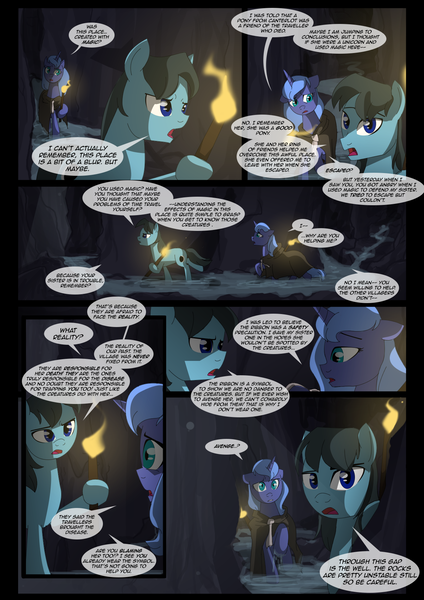 Size: 1240x1754 | Tagged: safe, artist:lunarcakez, derpibooru import, princess luna, oc, earth pony, pony, comic:the origins of hollow shades, cloak, clothes, comic, male, s1 luna, stallion, torch