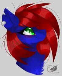 Size: 1499x1845 | Tagged: safe, artist:demonwithapen, derpibooru import, oc, oc:shrapnel, unofficial characters only, pegasus, pony, bust, chest fluff, ear piercing, earring, female, fluffy, jewelry, piercing, portrait, simple background, smiling, solo, watermark