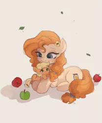 Size: 1411x1700 | Tagged: safe, artist:tcn1205, derpibooru import, applejack, pear butter, earth pony, pony, apple, cute, daaaaaaaaaaaw, ear fluff, female, filly, filly applejack, flower, flower in hair, food, jackabetes, mare, mom, mother and child, mother and daughter, pearabetes, weapons-grade cute, younger