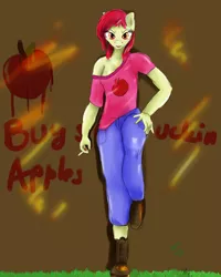 Size: 3456x4317 | Tagged: anthro, apple, apple bloom, artist:hippik, buy some apples, cigarette, derpibooru import, food, implied vulgar, safe, smoking, teenager