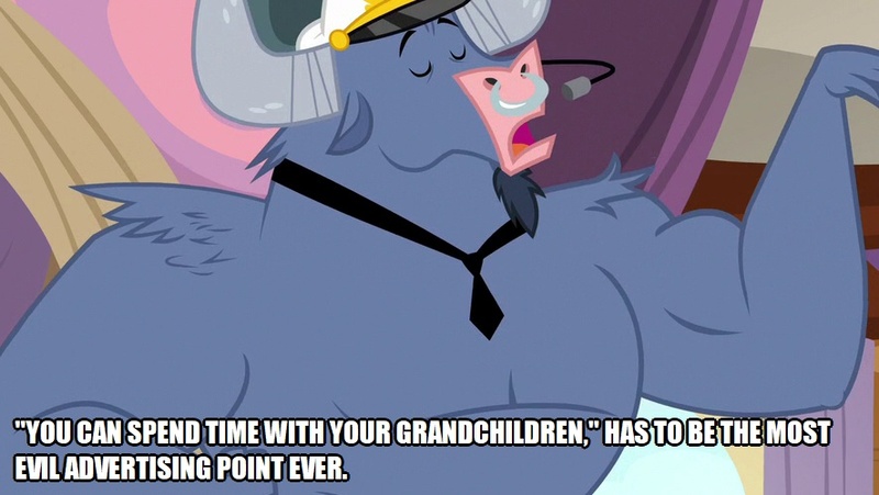 Size: 886x500 | Tagged: caption, derpibooru import, edit, edited screencap, family, grandchildren, grandparents, image macro, iron will, old man, old people, old woman, once upon a zeppelin, safe, screencap, senior citizen, solo, text