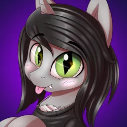 Size: 3000x3000 | Tagged: safe, artist:ask-colorsound, derpibooru import, ponified, ponified:kellin quinn, pony, unicorn, blushing, bust, clothes, commission, cute, disguise, disguised siren, eyebrows, fangs, gradient background, happy, horn, jewelry, looking at you, male, necklace, shirt, sleeping with sirens, slit eyes, solo, stallion, tongue out, ych result