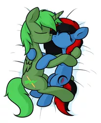 Size: 1541x1872 | Tagged: safe, artist:moonatik, derpibooru import, oc, oc:green thunder, oc:lotus moon, unofficial characters only, alicorn, pegasus, pony, alicorn oc, bedsheets, commission, cuddling, female, horn, kissing, lotunder, male, mare, never doubt blaa6 involvement, oc x oc, shipping, stallion, straight, wings