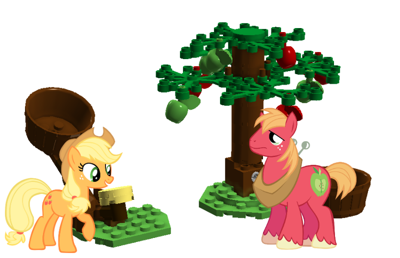 Size: 800x515 | Tagged: safe, artist:anxet, artist:cm4s, artist:shelmo69, derpibooru import, applejack, big macintosh, earth pony, pony, apple, apple tree, catapult, lego, lego digital designer, tree