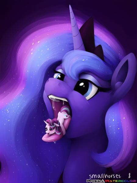Size: 3000x4000 | Tagged: questionable, artist:prismawatercolor, artist:smallhorses, derpibooru import, princess luna, starlight glimmer, pony, blushing, collaboration, drool, drool string, fetish, lucid dreaming, lunapred, mawshot, micro, open mouth, tongue out, vore, watermark