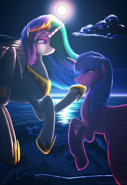 Size: 1674x2441 | Tagged: safe, artist:bluenight01, derpibooru import, princess celestia, twilight sparkle, twilight sparkle (alicorn), alicorn, pony, cloud, female, flying, hoof shoes, mare, sky, smiling