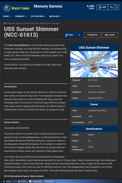 Size: 671x1004 | Tagged: safe, artist:jrshinkansenhorse, derpibooru import, sunset shimmer, equestria girls, crossover, memory gamma, no pony, star trek, star trek: sunset shimmer, uss sunset shimmer, warp speed, wiki