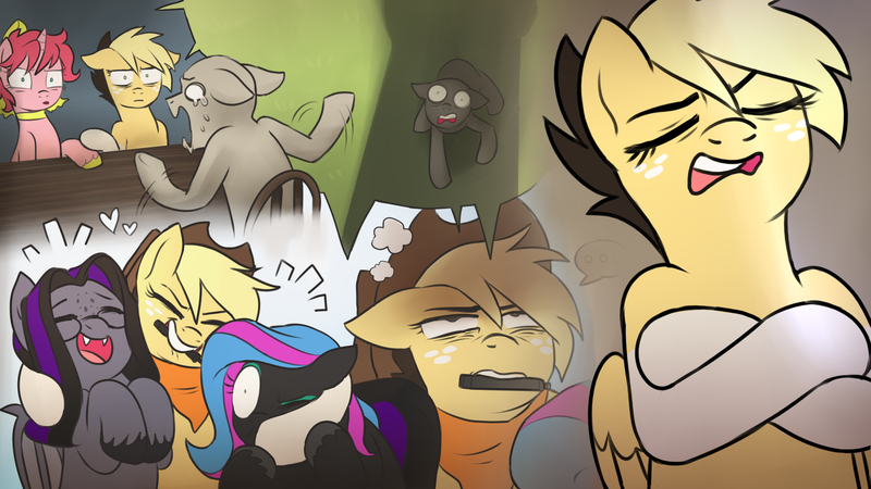 Size: 1920x1080 | Tagged: safe, artist:mamidulugo, derpibooru import, oc, oc:luna farrowe, oc:mami dulugo, oc:scribbler, bat pony, earth pony, pegasus, pony, unicorn, anon pony, cowboy hat, freckles, hat, hug, laughing, ribbon, sweat, tablet pen, teary eyes, two toned mane