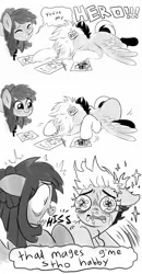 Size: 626x1200 | Tagged: safe, artist:mamidulugo, derpibooru import, oc, oc:mami dulugo, oc:midori kuroba, unofficial characters only, pegasus, pony, egyptian pony, freckles, hissing, messy mane, monochrome, pencil, shocked, snot, sparkles, teary eyes, two toned mane