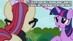 Size: 889x500 | Tagged: safe, derpibooru import, edit, edited screencap, screencap, moondancer, twilight sparkle, twilight sparkle (alicorn), alicorn, pony, unicorn, amending fences, caption, duo, grammar error, image macro, text