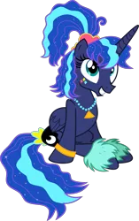 Size: 3883x6165 | Tagged: safe, artist:digimonlover101, derpibooru import, princess luna, alicorn, pony, between dark and dawn, 80s, 80s hair, 80s princess luna, absurd resolution, alternate hairstyle, barehoof, cheerful, cute, face paint, female, folded wings, grin, hair accessory, hair dye, horn, jewelry, leg warmers, long horn, looking up, lunabetes, mare, necklace, pearl necklace, ponytail, retro, simple background, sitting, smiling, solo, tail accessory, too cute, transparent background, vector, wings