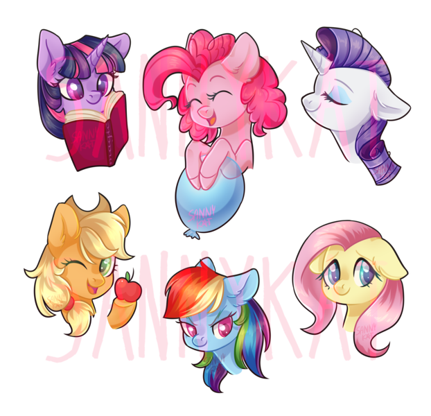 Size: 4430x4272 | Tagged: safe, artist:sannykat, derpibooru import, applejack, fluttershy, pinkie pie, rainbow dash, rarity, twilight sparkle, earth pony, pegasus, pony, unicorn, absurd resolution, apple, balloon, book, bust, cute, dashabetes, diapinkes, ear fluff, eyes closed, female, floppy ears, food, happy, hoof hold, jackabetes, mane six, mare, obtrusive watermark, one eye closed, open mouth, raribetes, reading, shyabetes, simple background, sticker, transparent background, twiabetes, watermark