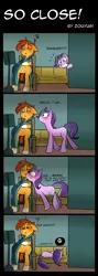 Size: 1000x2800 | Tagged: safe, artist:zouyugi, derpibooru import, starlight glimmer, sunburst, pony, unicorn, big grin, blushing, book, censored vulgarity, clenched teeth, comic, couch, dialogue, female, grawlixes, grin, kiss denied, lying down, male, manic grin, mare, motion lines, one sided shipping, pictogram, puckered lips, shipping, shivering, side, sitting, sleeping, smiling, speech bubble, stallion, starburst, straight, sweat, sweatdrop