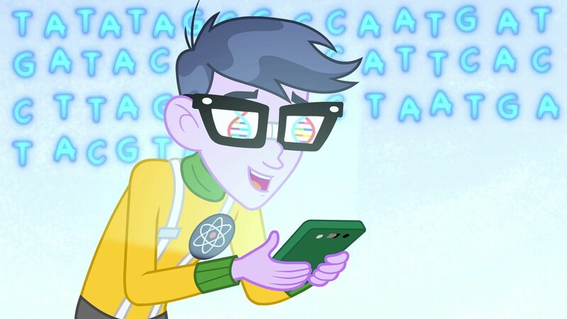 Size: 1280x720 | Tagged: safe, derpibooru import, screencap, microchips, a banner day, equestria girls, clothes, dna, double helix, glasses, male, mobile phone, phone, reflection, smartphone, smiling, solo